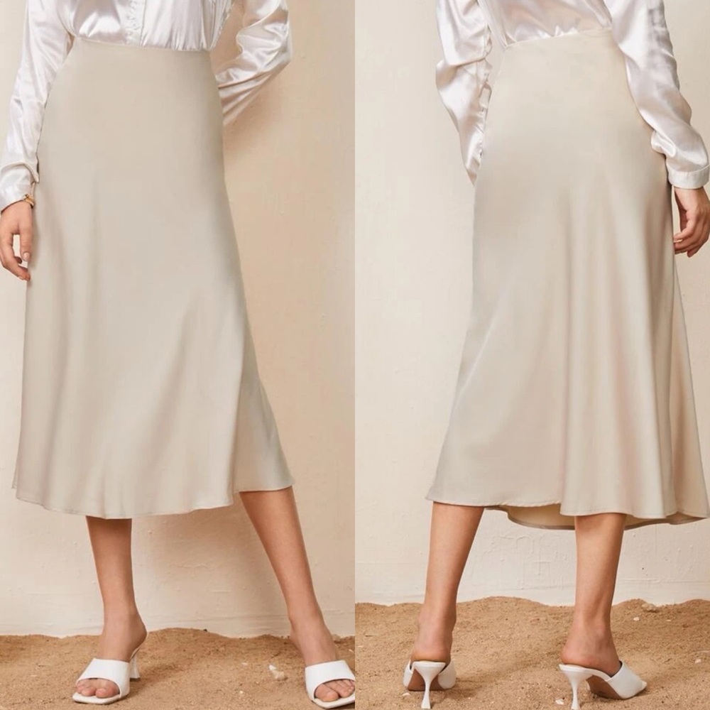 Elegant Satin midi skirt zipper closure beige cream